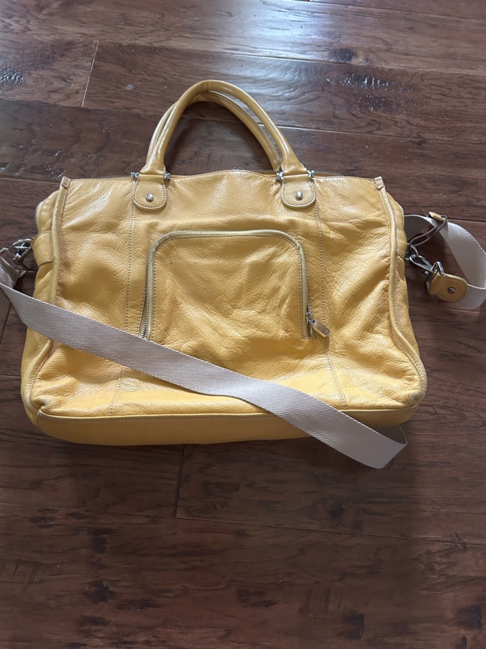 Bright Yellow Leather Shoulder Tote with Detachable Crossbody Strap